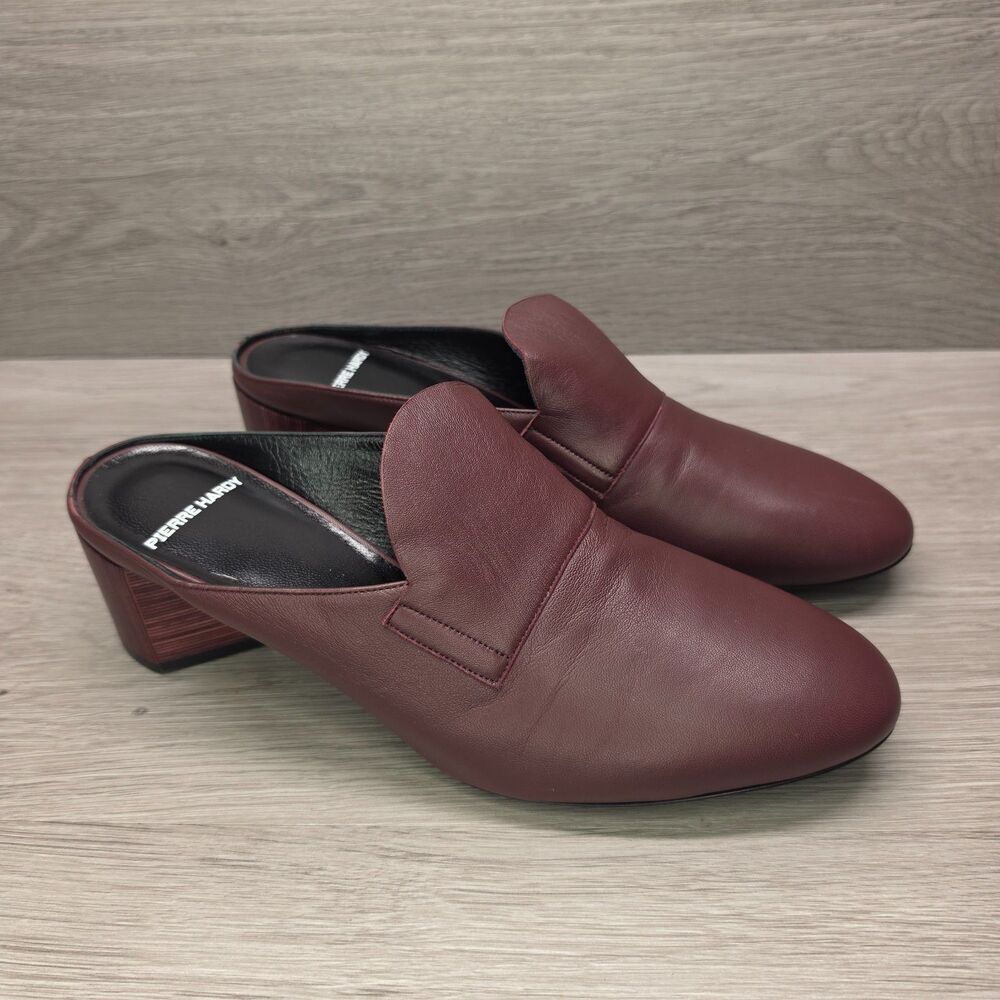Pierre Hardy Womens Burgundy Leather Block Heel Mule Slide Loafer Italy Shoes 40